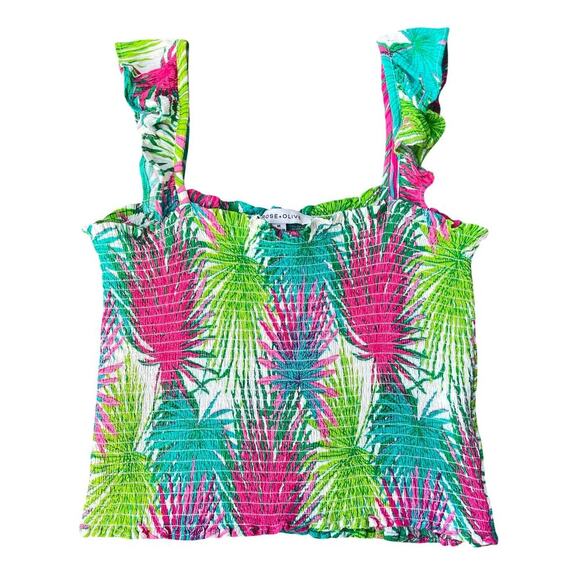 Rose + Olive Smocked Palm Leaf Print Ruffle Strap Tank Top - Size Medium - Picture 2 of 9
